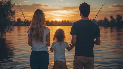Fototapeta premium Family fishing at sunset