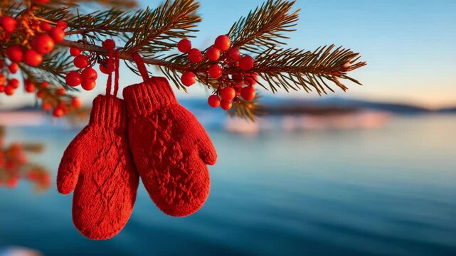 Red knitted mitten and mittens hanging on pine branch with red berries near calm water at sunset