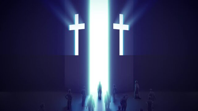 Large opening and closed gate or door with christian symbol of cross. People stand in front of entrance or exit of church. Shining bright light in dark room. 3d animation.