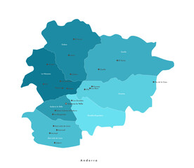 Vector isolated illustration. Simplified administrative map of Andorra. Blue shapes of regions. Names of big cities and torism villages in Andorra