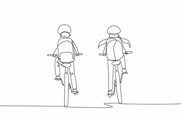 Single one line drawing rear view of a boy and a girl riding a bicycle side by side. Be aware of safety while biking. Bikers. National Bike to School Day. Continuous line design graphic illustration