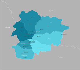 Vector modern illustration. Simplified administrative map of Andorra. Border with nearest states Spain, France. Blue shapes of parishes. Names of big cities and torism villages in Andorra