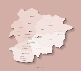 Vector isolated illustration. Simplified administrative map of Andorra. Beige shapes of regions. Names of big cities and torism villages in Andorra. Brown background