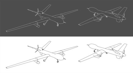 Isometric view UAV Drones blueprint technical line drawing. set Unmanned Military Drone isolated on gray and transparent background