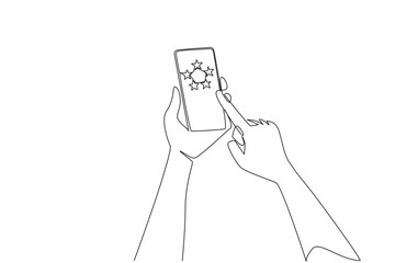 Continuous one line drawing hand hold smartphone and points at smartphone screen which has 5 stars. Always give 5 stars. Best quality. Write a Review Day. Single line draw design vector illustration