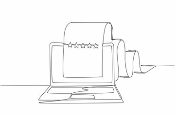 Single continuous line drawing laptop with paper rolling out of the screen to the back. Review page. Providing feedback for quality improvement. Write a Review Day. One line design vector illustration