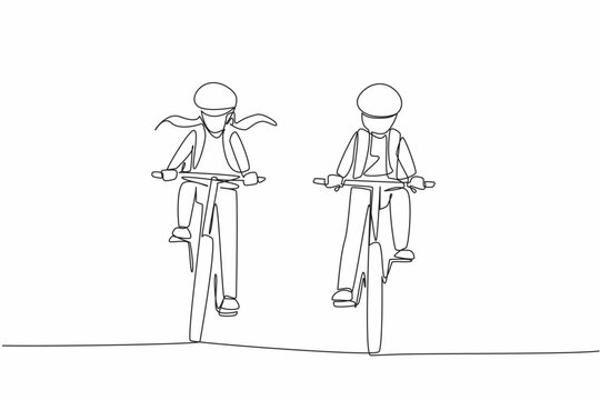 Single continuous line drawing a boy and a girl riding a bicycle side by side wearing helmets. Together is more fun. Cycling buddy. National Bike to School Day. One line design vector illustration