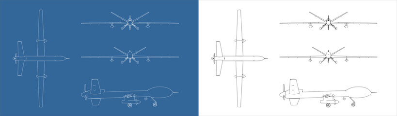 Set  UAV military drone Vector blueprint line art draw wireframe  isolated on blue and transparent background
