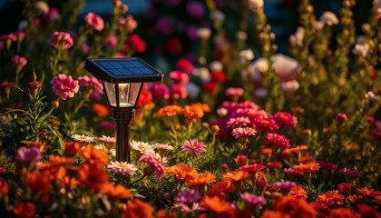 Solar Garden Lantern Illuminates a Burst of Colorful Flowers in Bloom