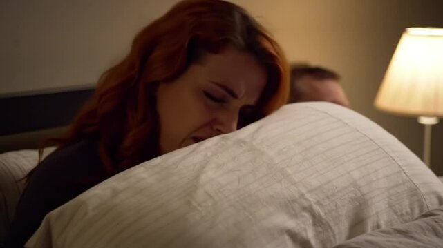 a young woman covering her ears with a pillow while her husband snores in bed