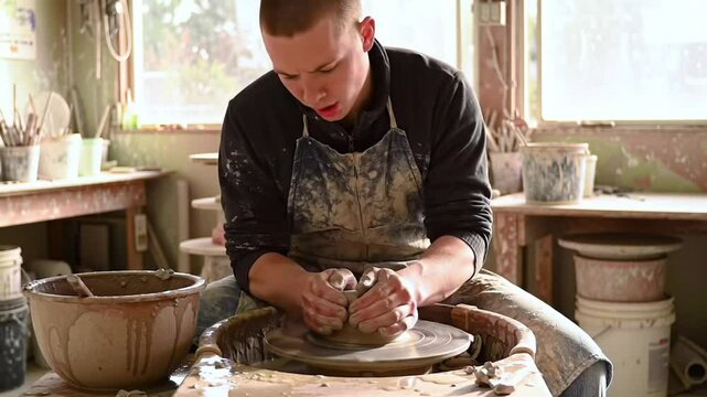 a young man working with clay in a pottery studio