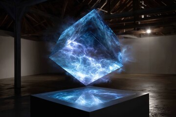 Floating blue energy cube in art gallery during nighttime exhibition