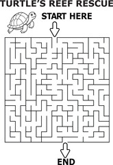 Turtles Reef Rescue Maze Game Black and White Illustration