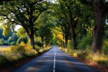Fototapeta premium Scenic tree-lined road under bright blue sky during autumn afternoon