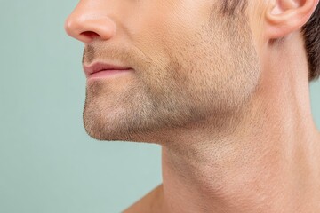 Fototapeta premium This Close-Up Perspective Highlights the Intricate Texture of the Skin, Accentuating the Subtle Facial Stubble. The Soft Lighting Beautifully Interacts With the Surface