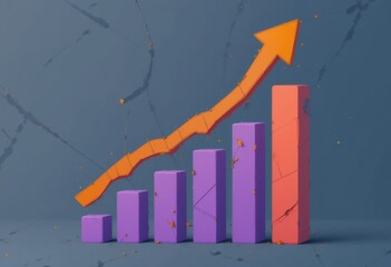 El progreso se ilustra con columnas moradas ascendentes y una flecha naranja que apunta hacia arriba, simbolizando el éxito empresarial y la innovación