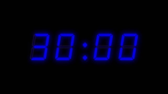 4 digit 30 seconds digital clock countdown timer. Blue text on black background. Digital alarm clock timer counting down from 30