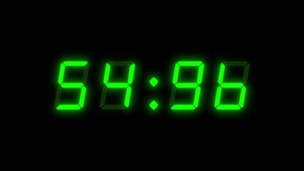 A four number, 60 second digital clock counting down. Green integers on a black background with a red glowing dot. Retro digital alarm clock with glow - Powered by Adobe