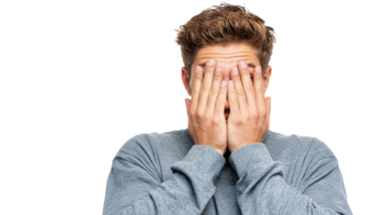 A man covering his face with his hands, expressing emotions and vulnerability, isolated on a white background.