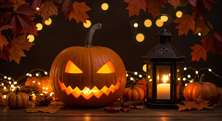 Fototapeta premium Spooky halloween jack o lantern with autumn leaves and lantern