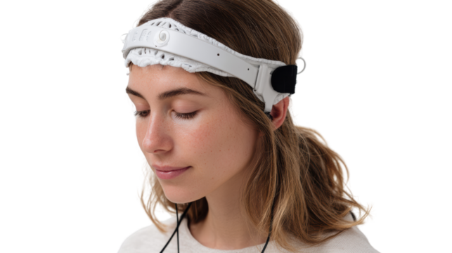 A woman wearing a modern brainwave monitoring headset on a white isolated background.