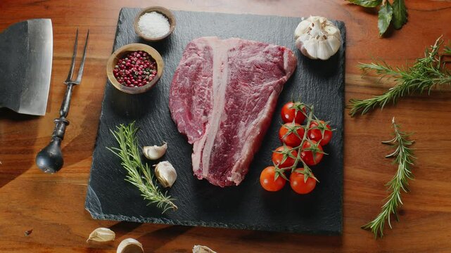Raw T-bone steak with herbs and garlic on the serving slate board close-up.