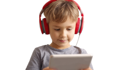 Child with headphones, focused on tablet screen, capturing modern technology use in daily life.