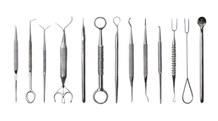 Collection of dental tools arranged neatly on a white background.