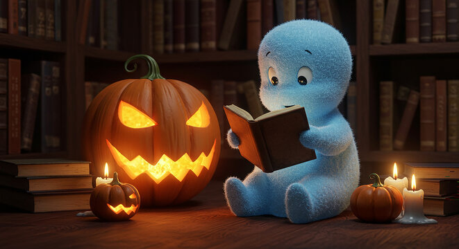 Cute fuzzy ghost reading book by jack olantern
