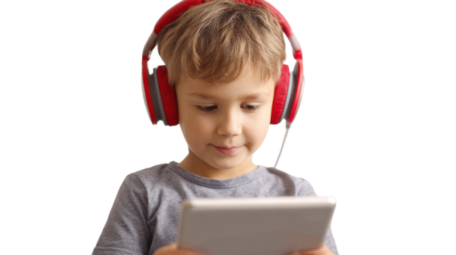 Child with headphones, focused on tablet screen, capturing modern technology use in daily life.