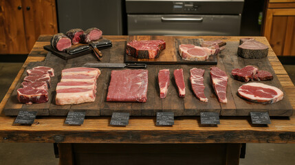 A clean butcher table at a farm-to-table operation, with various raw pork cuts, knives, and labeled wooden boards
