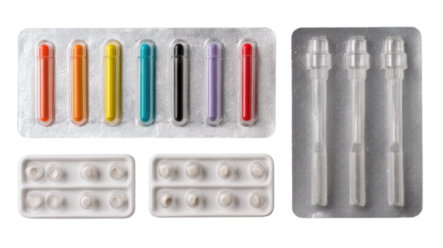 Colorful laboratory test tubes and syringes on a white isolated background.