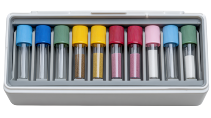 Colorful test tubes in a white case, isolated on a white background.
