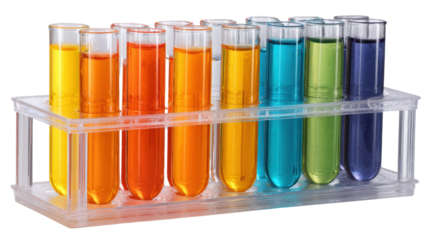 Colorful test tubes in a rack showcasing liquid solutions, isolated on white background.