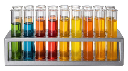 Colorful test tubes with liquids in a rack, white isolated background.