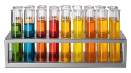 Colorful test tubes with liquids in a rack, white isolated background.
