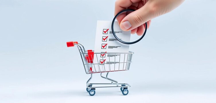 Shopping cart, checklist, giant hand, magnifying glass, data analysis,  collection,  big data