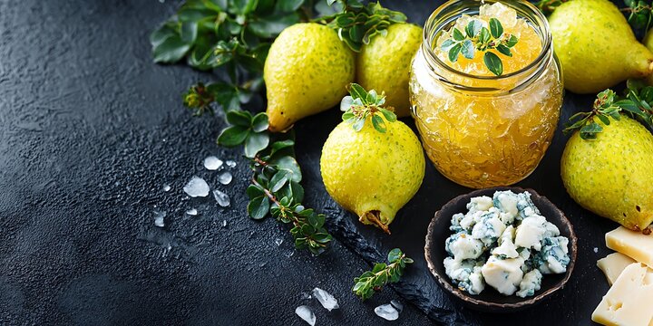 Pears, yellow jam in a jar, blue cheese, and sliced cheese on a dark surface with greenery and salt crystals