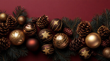 Festive arrangement of gold christmas ornaments and pine cones on burgundy background creates a warm holiday ambiance