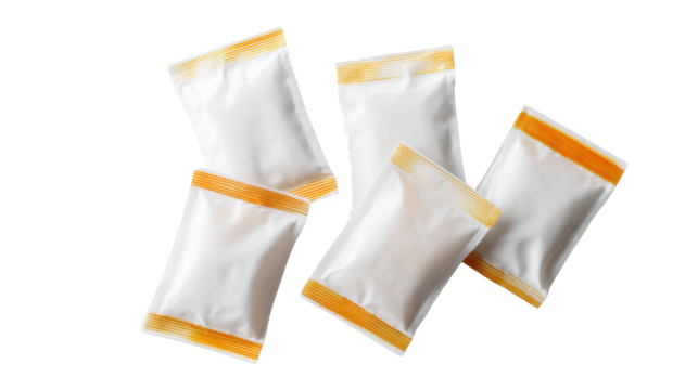 Five sealed food packets with orange edges on a white background.
