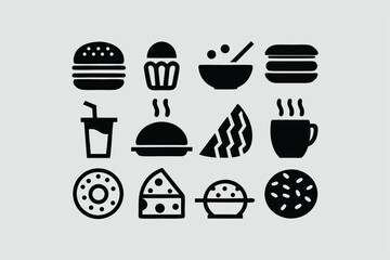 Food and drink icon set. Containing burger, soda, bread, cocktail, pizza, beer, apple, coffee, water and more. Solid vector icons collection.