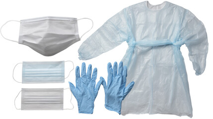 Medical protective equipment including masks, gloves, and gown on a white isolated background.