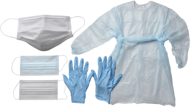 Medical protective equipment including masks, gloves, and gown on a white isolated background.