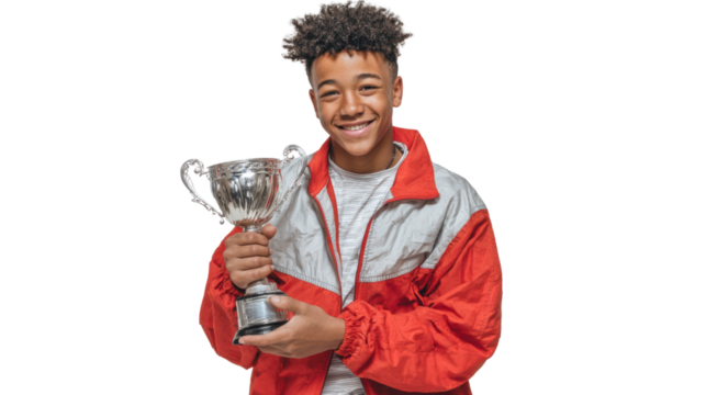 Joyful young athlete holding a trophy, celebrating success with a bright smile, isolated on a white background.