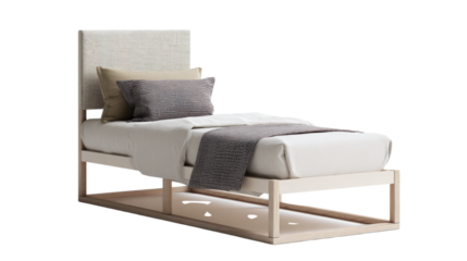 Modern bed design with a neutral color scheme and cozy pillows, perfect for a stylish bedroom.