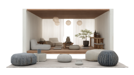 Modern cozy interior design with soft seating, natural elements, and warm lighting for a peaceful ambiance.