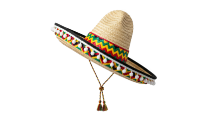 A festive straw sombrero with red, green, and yellow details evokes a joyful celebration mood.