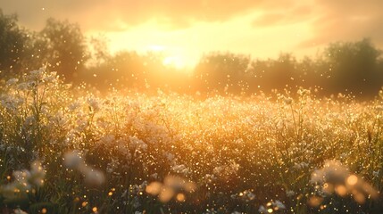 Dew-kissed meadow glittering in the sun