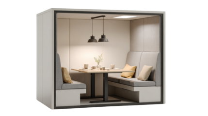 Modern meeting pod with cozy seating and ambient lighting, perfect for collaborative work in an office setting.