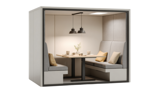 Modern meeting pod with cozy seating and ambient lighting, perfect for collaborative work in an office setting.